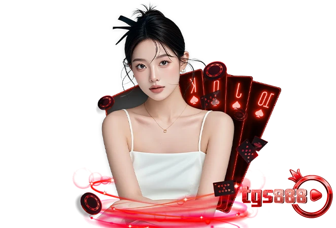 ภาพนางแบบคาสิโน TGS888 พร้อมไพ่และชิป ดีไซน์สีแดงสไตล์คาสิโนออนไลน์ เหมาะสำหรับใช้เป็นองค์ประกอบเว็บไซต์ tgs888