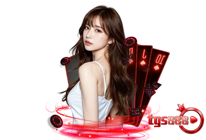 ภาพนางแบบคาสิโน TGS888 มุมด้านหลัง พร้อมไพ่และชิป ดีไซน์สีแดงสไตล์คาสิโนออนไลน์ เหมาะสำหรับใช้เป็นองค์ประกอบเว็บไซต์ tgs888