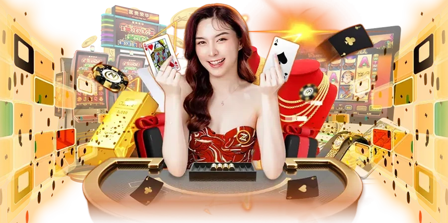 แบนเนอร์คาสิโน TGS888 นางแบบถือไพ่ พร้อมโต๊ะคาสิโน ทองคำ และเกมสล็อต ดีไซน์หรูระดับพรีเมียม